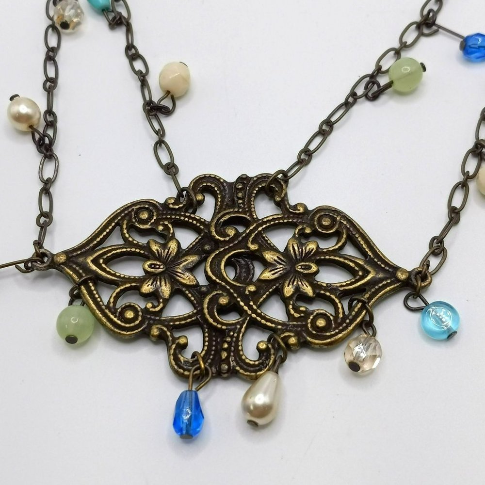 Rachel Roy Boho Art‎ Deco Filigree Style Statement Necklace Bronze Tone Beads